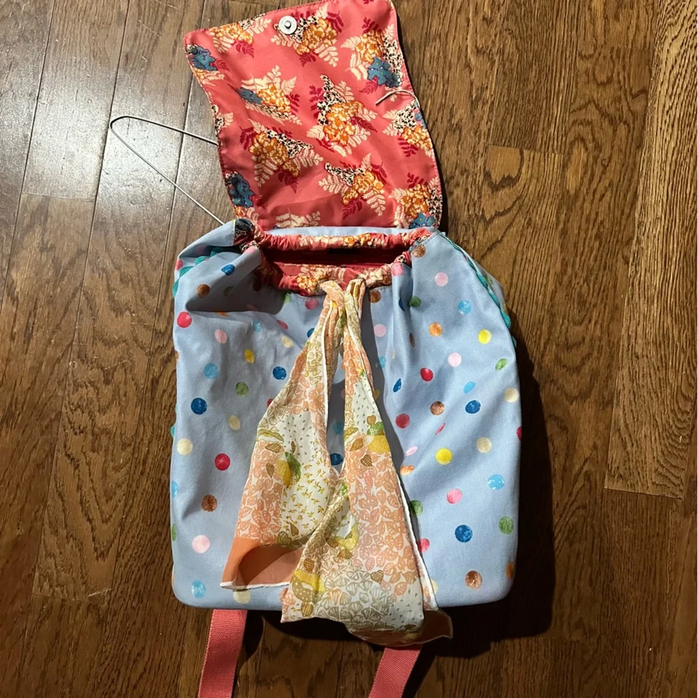 Matilda Jane Make a Splash Beach Backpack with blue polka dot and floral pattern